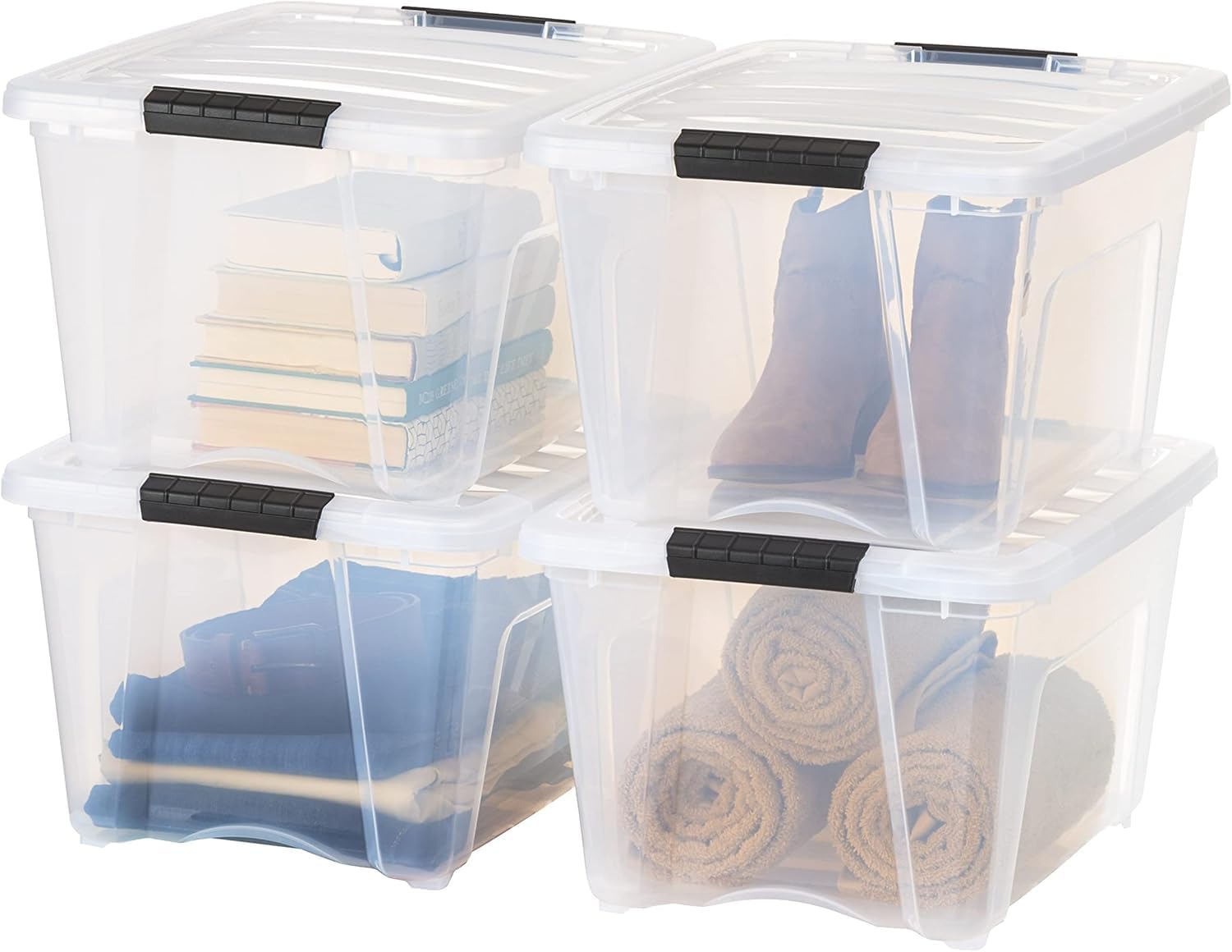 IRIS USA 32 Qt Stackable Plastic Storage Bins with Lids, 4 Pack – BPA-Free, Made in USA – See-Through Organizing Solution, Latches, Durable Nestable Containers, Secure Pull Handle – Clear