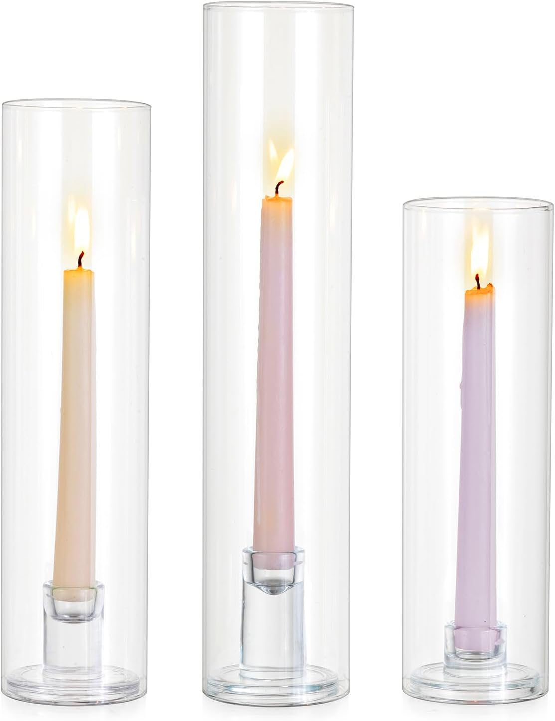 Glasseam Hurricane Taper Candle Holders: 3 Pcs Glass Candlestick for Table | Fit 0.78” Taper & 2.5” Pillar, 2.76”D*10”/12”/14”H Cylinder Sleeve, Outdoor Wedding, Christmas Centerpiece, Home Decor