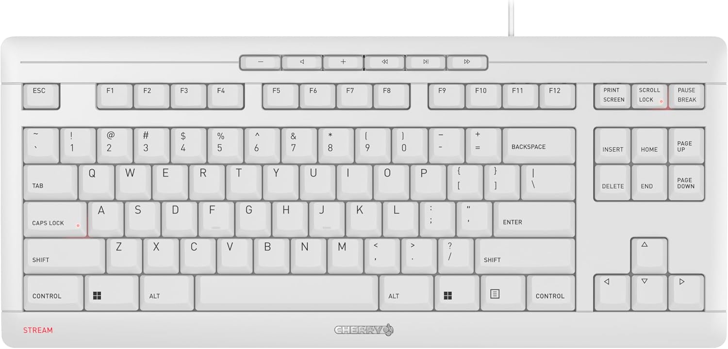 Cherry Stream Keyboard TKL, Wired Keyboard Without Number Pad, Whisper Quiet Keys, Unique Typing Feel, Slim Design, SX Scissor Switches, QWERTY, White-Gray