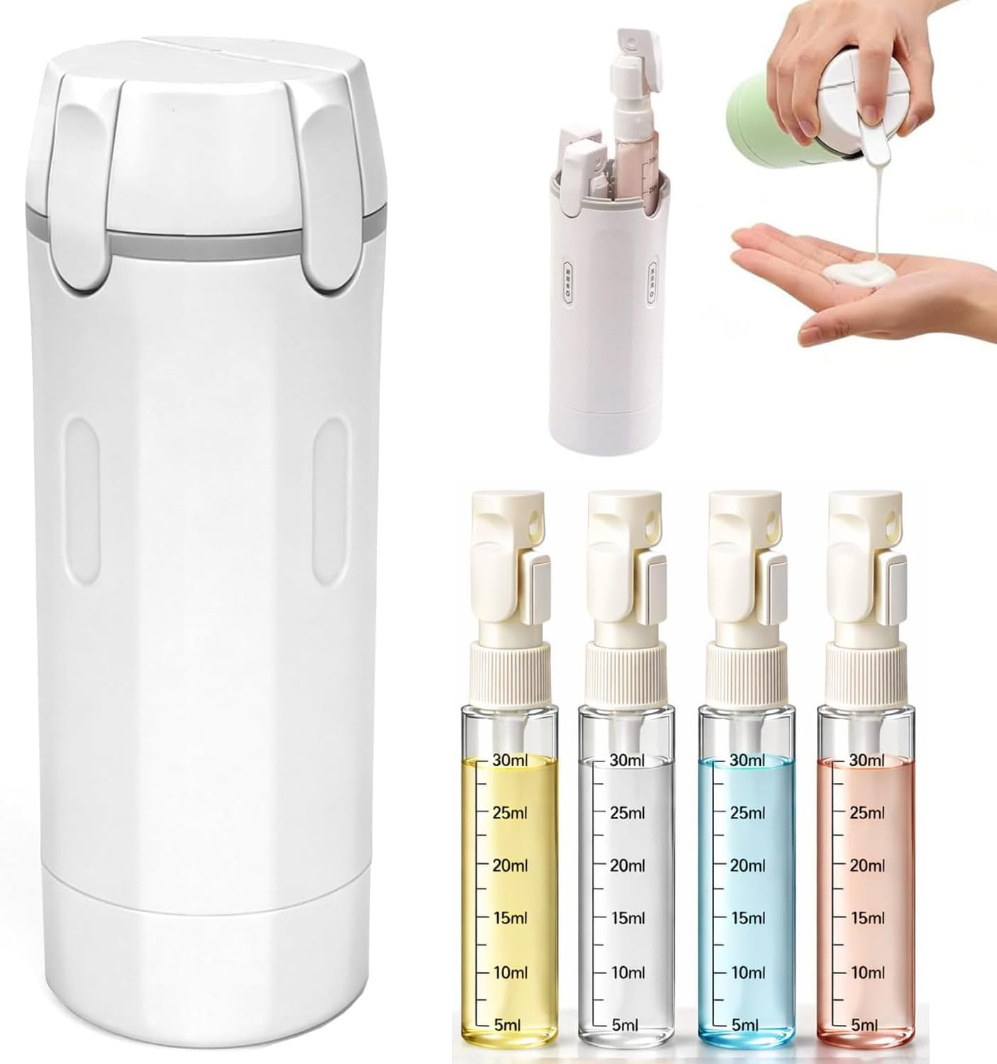4 in 1 Travel Dispenser Bottle,Leak Proof Refillable Bottles Store Shampoo, Lotion and More,Transparent with Scale, Easy Squeeze Use, Lightweight & Portable Perfect for Travel,Gym,Camping (White)
