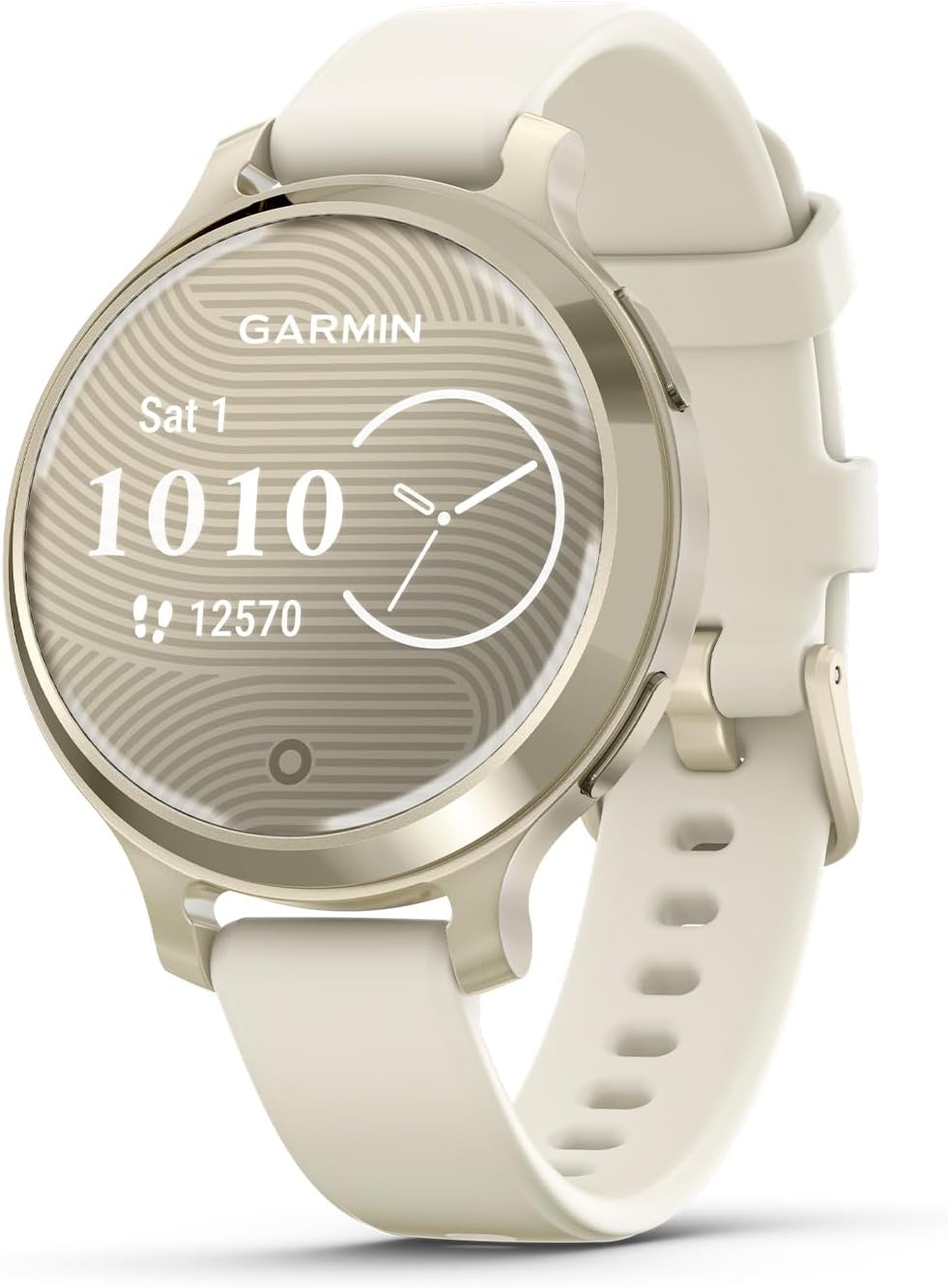 Garmin Lily® 2 Active, Small and Stylish Smartwatch, Built-in GPS, Hidden Display, Patterned Lens, Up to 9 Days Battery Life, Lunar Gold with Bone Silicone Band | Bone Silicone Band, Built-in GPS, Garmin Pay, Patterned Hidden Display, Up to 9 Days Battery, 5 Atm