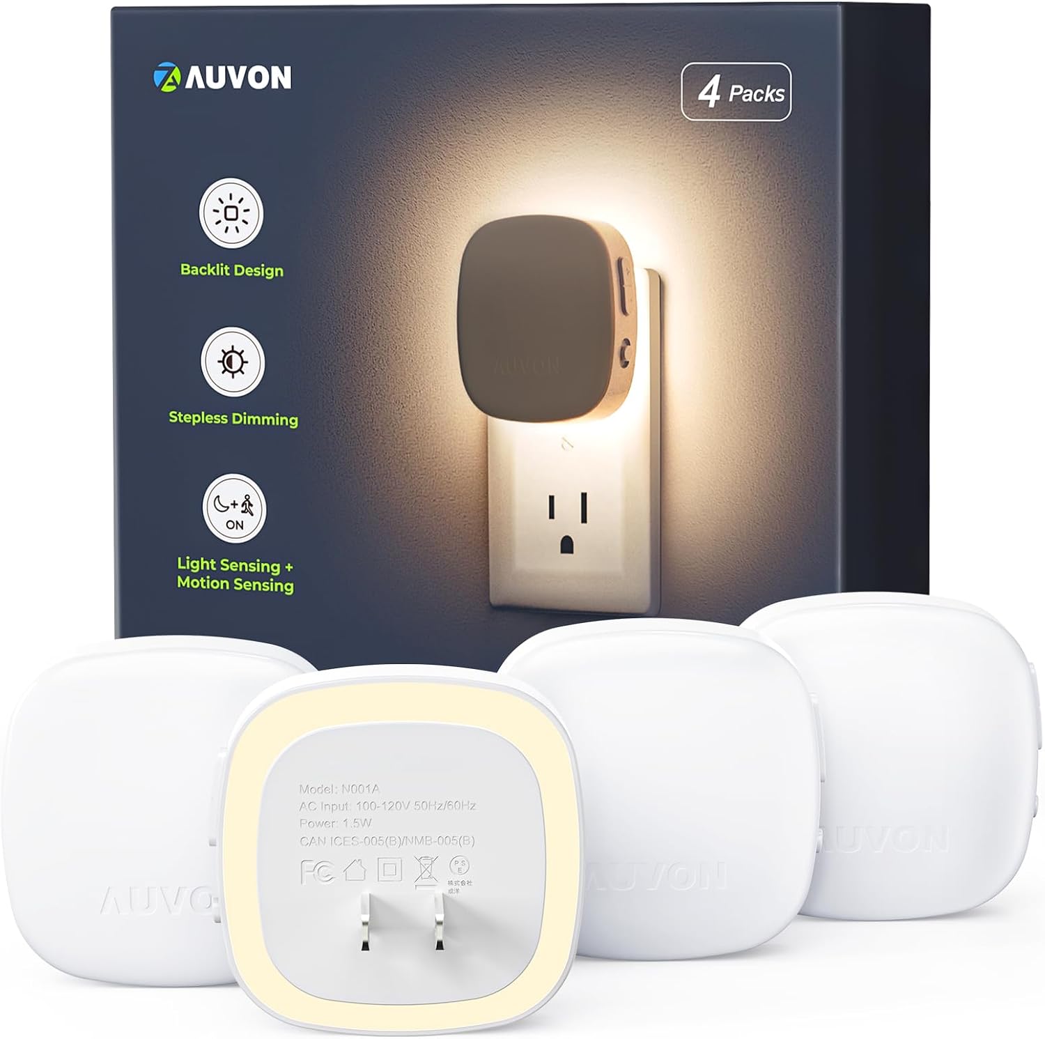 AUVON Plug-in LED Backlit Night Light-4 Packs, Motion & Dusk to Dawn Sensor | 2200K Soft Warm White Nightlight with 1-50lm Dimmable Brightness for Bedroom, Bathroom, Hallway, Kitchen, Garage, Nursery