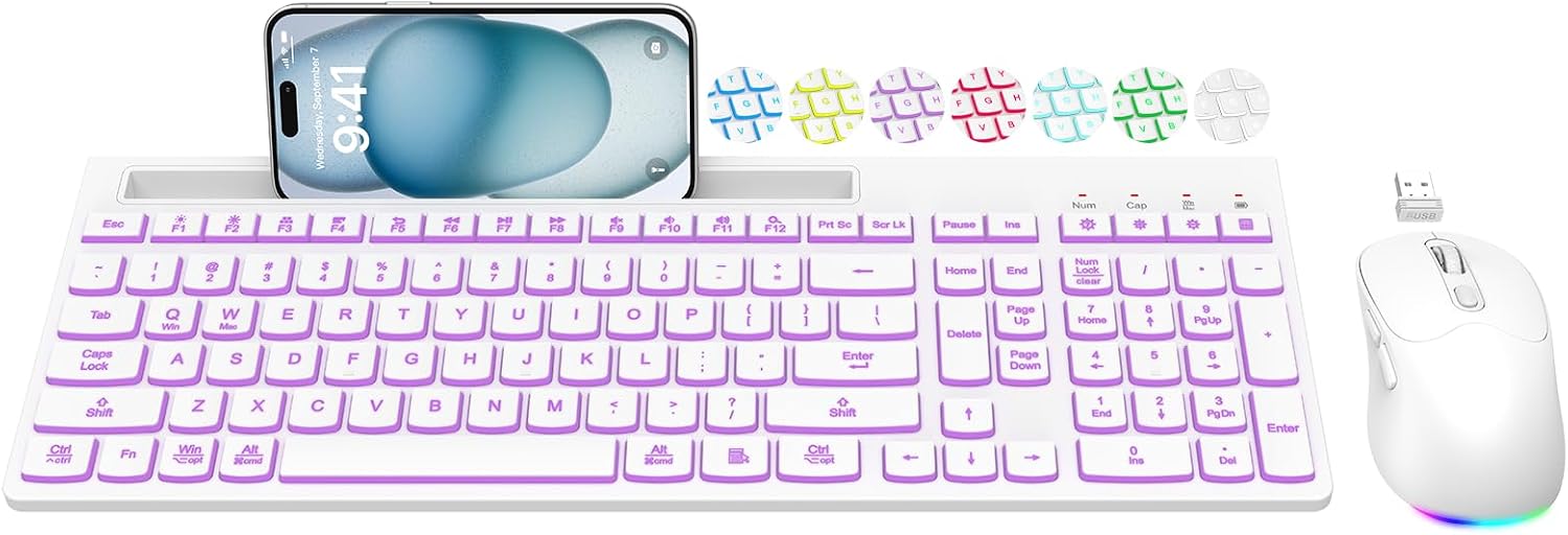 Wireless Keyboard and Mouse Combo, 7 Backlit Effects, Light Up Letters, Rechargeable, Phone Holder, 6 Button Mouse, Ergonomic Tilt Angle, 2.4GHz Silent USB Keyboard Mouse for Laptop, PC