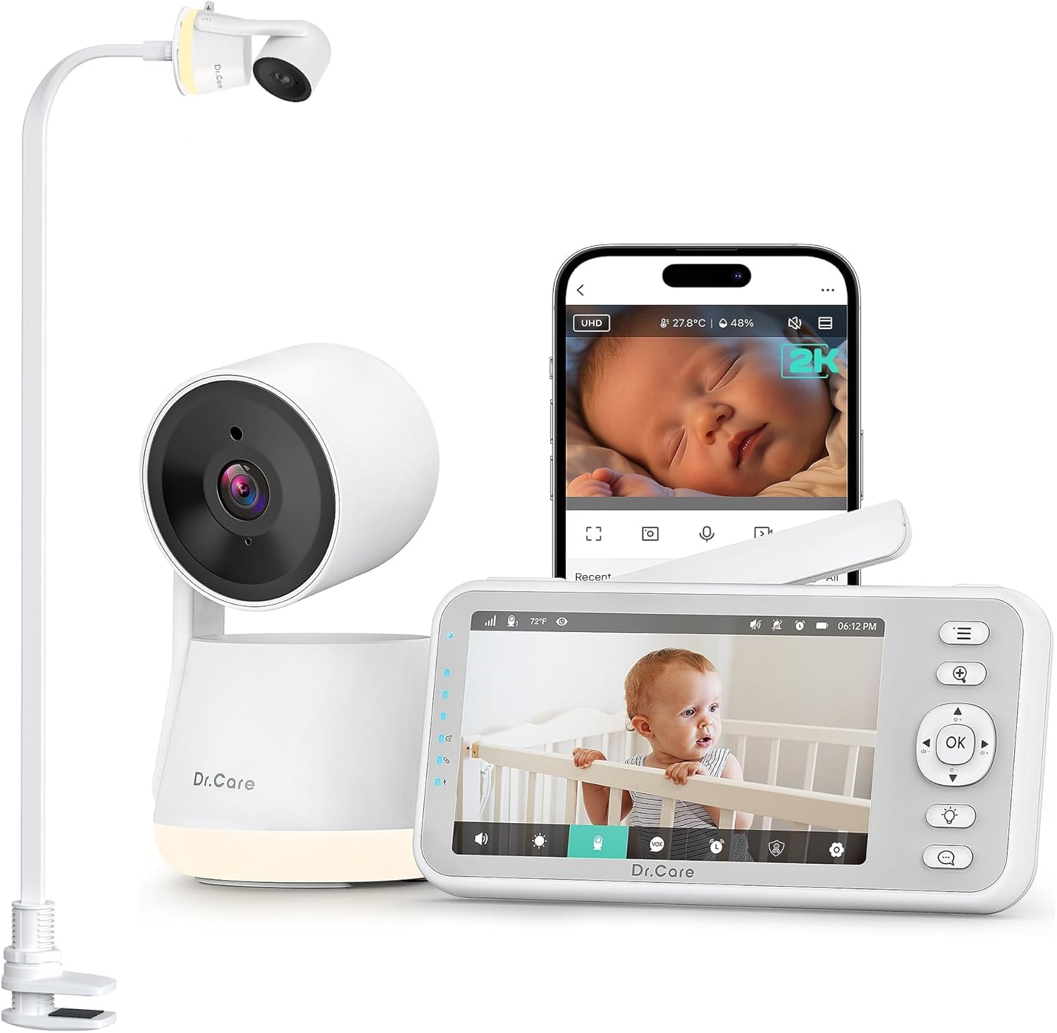 Dr.Care Smart WiFi Baby Monitor with 2 Cameras ＆Clip Mount – 5″ 1080P FHD & 2K Camera App Control, Privacy Mode, 5000mAh Removable Battery, Cry & Motion Alerts, HD Night Vision, Multi-User