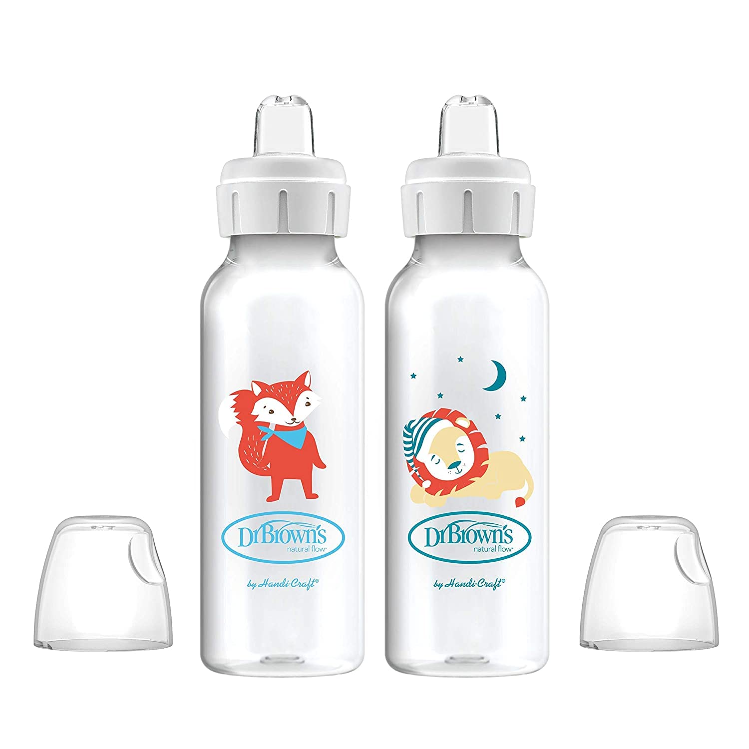 Dr. Brown’s Milestones Narrow Sippy Bottle, 100% Silicone Soft Sippy Spout, 8oz/250mL, 6m+, Fox & Lion, 2 Pack