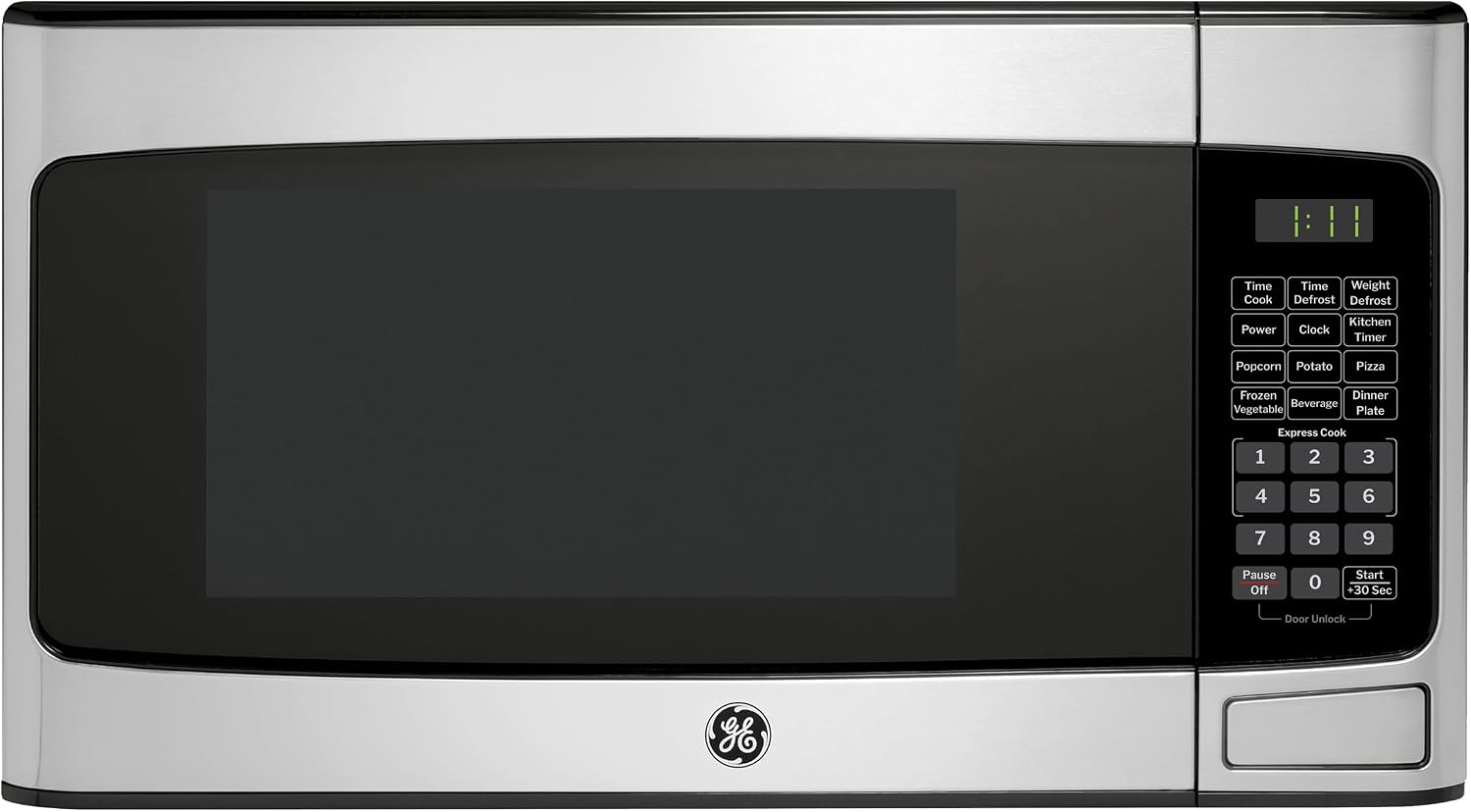 GE Countertop Microwave Oven, Compact 1.1 Cubic Ft., 950-watt Capacity, 6 Auto Cooking Settings, Child-Lock Technology, Kitchen Essentials for The Countertop, Dorm Room or Apartment, Stainless Steel | 6 Convenience Cook Settings, One-Touch Controls, Child Lock Technology, Glass Turntable, for Kitchen, Dorm, Office, Apartment
