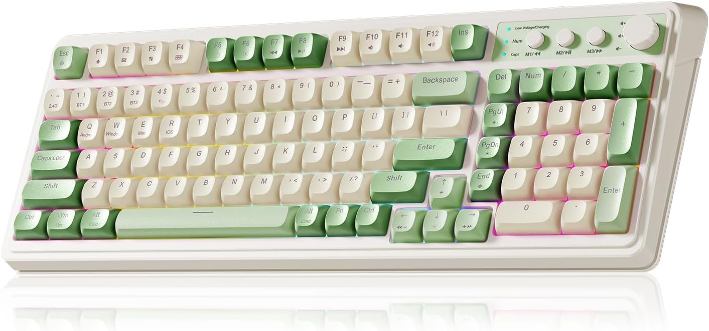AULA S99 Gaming Keyboard, Wireless Computer Keyboards, Tri-Mode Bluetooth/2.4GHz/USB-C Custom Creamy Keyboard with Number Pad, RGB Backlit Media Knob Cute Programmable Keyboard for PC Gamer – Green