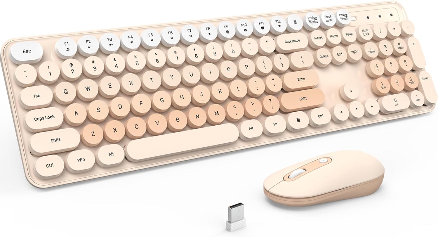 Wireless Keyboard and Mouse, Silent Keyboard Mouse Combo, Full-Sized Colorful Typewriter Keyboard with Round Keycaps, 2.4G Cute Mouse Compatible with PC/Laptop/Computer(Milk Tea)