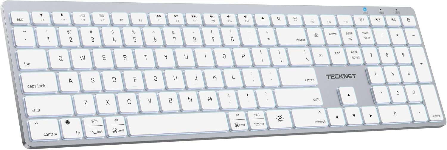 TECKNET Backlit Bluetooth Keyboard for Mac, Multi-Device Rechargeable Quiet | Compatible Apple Keyboard for MacBook Pro/Air, iMac, Up to 3 Devices, Numeric Keypad, 1600 mAh, Steel, Stable Wireless