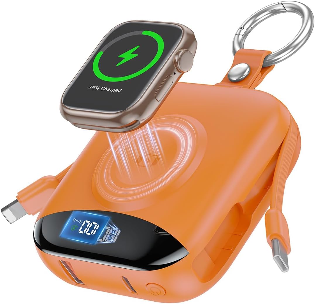 citicr Portable Charger 10000mAh w/Built-in Cables & iWatch Charger Orange | Fast charging, Built-in cables, LED display, Charge 5 devices at once, Ring buckle, TSA approved, Pocket size, Charge iWatch