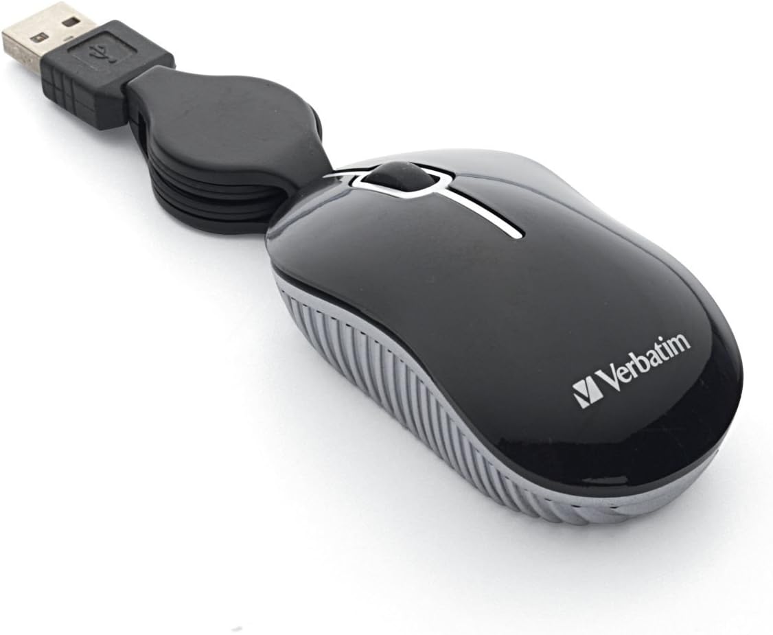 Verbatim Wired Optical Computer Mini USB-A Mouse – Plug & Play Corded Small Travel Mouse with Retractable Cable – Black 98113