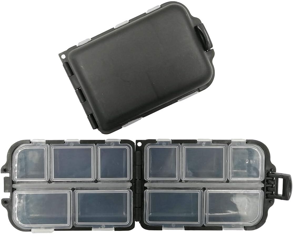 2x Small Hard Fishing Tackle Box Portable Case Hooks Lure Baits Storage Box Containers For Storing Swivels Jigs Hooks Sinker,10 Compartments (Black)