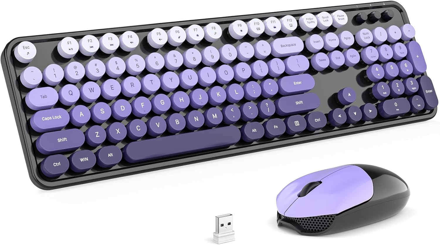 MOFII Wireless Keyboard and Mouse Combo, Full Size 2.4G Plug and Play Typewriter Retro Round Computer Keyboard and Mouse Set for Windows, Computer, Desktop, PC, Notebook – (Black Purple Gradient)