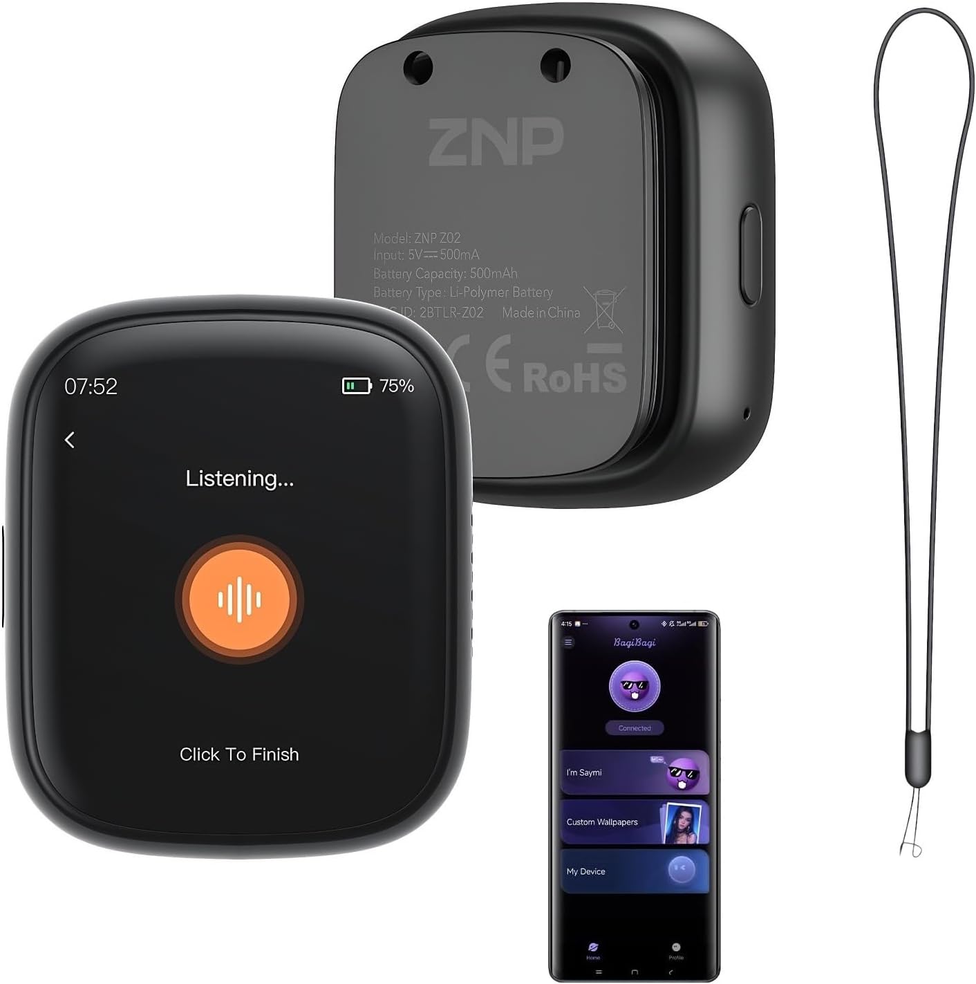 ZNP Z02 Smart AI Companion Digital Badge, HD Touch Screen Bluetooth 6.0 Translator, No Subscription Wearable AI Assistant with Meeting Minutes, Memo & Custom Wallpaper for Travel Business Daily Use