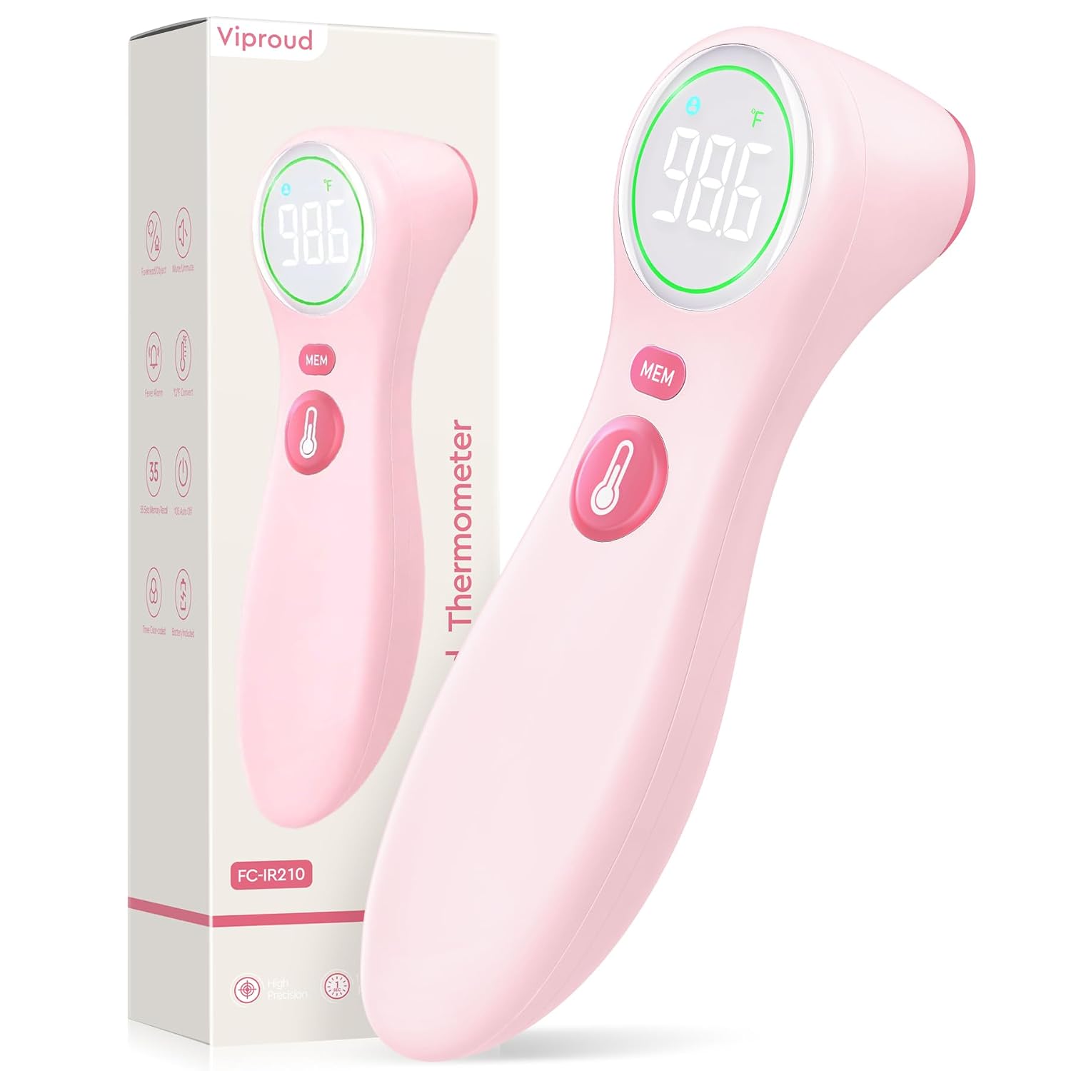 No-Touch Thermometer for Adults and Kids, 1-Second Fast Reading, Color-Coded Fever Alarm, Silent Mode, Object & Room Temperature Function (Pink)