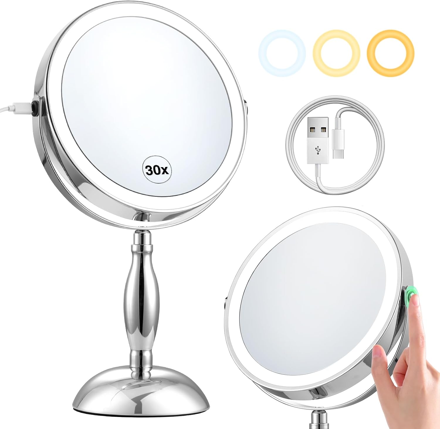 30x Magnifying Mirror, Chrome Lighted Makeup Mirror with 3 Colors Modes | Adjustable Brightness, 5000mAh Rechargeable, 360° Rotation Double Side, Large Magnifying Vanity Mirror, Gifts for Women