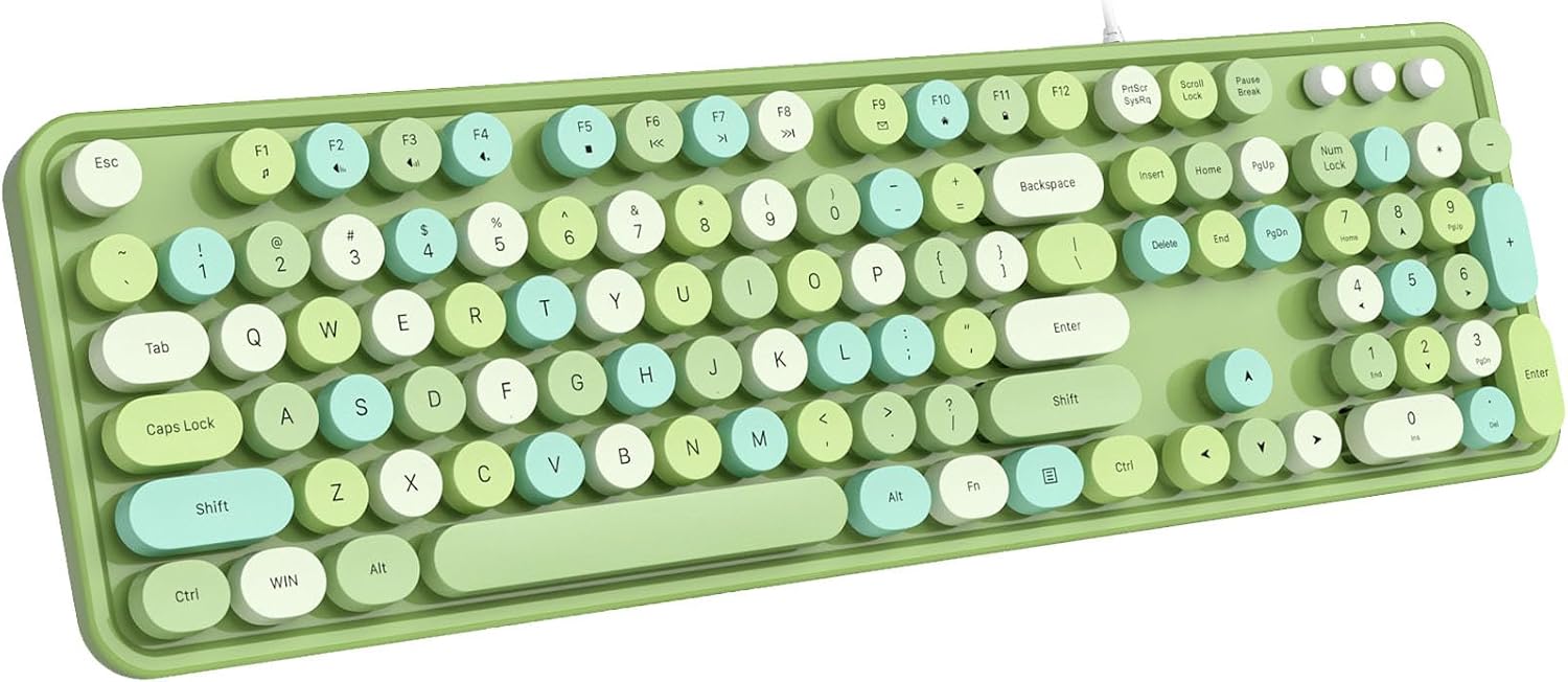 MOFII Computer Keyboard Wired, Round Key Retro Typewriter Keyboard Full Size, USB Plug and Play, for Laptop, PC, Desktop, Windows (Green Colorful)