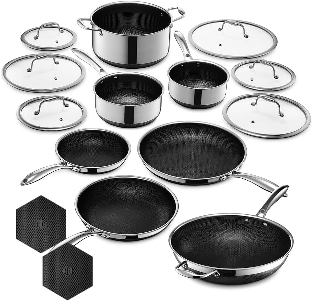 HexClad Hybrid Nonstick 15-Piece Cookware Set, 12″ Wok, 8″, 10″, and 12″ Pans with Lids, 2, 3, and 8Qt Pots with Lids, and 2 Silicone Trivets, Stay-Cool Handles, Dishwasher and Oven-Safe