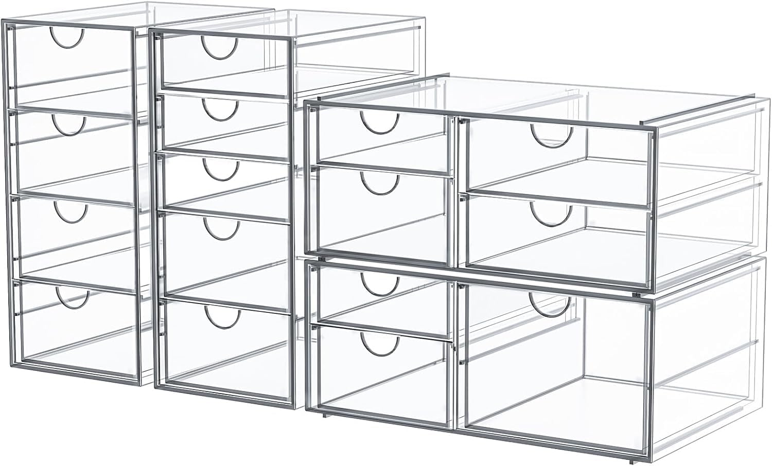 caktraie Makeup Organizer Storage With 16 Drawers, 4 Pcs Desktop Office Supplies, Desk Organizers, Clear Accessories, Dustproof Storage Drawer and for Make Up, Jewelry, Pen, Stationary