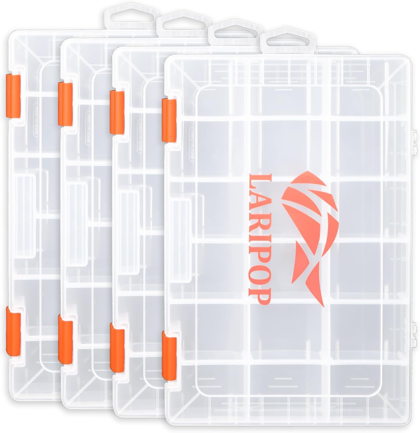 LARIPOP 4-Pack 3600 Fishing Tackle Boxes, Clear Plastic Storage Trays with Adjustable Dividers, Organizer for Lures, Hooks, Sinkers, Jigs & Fishing Accessories