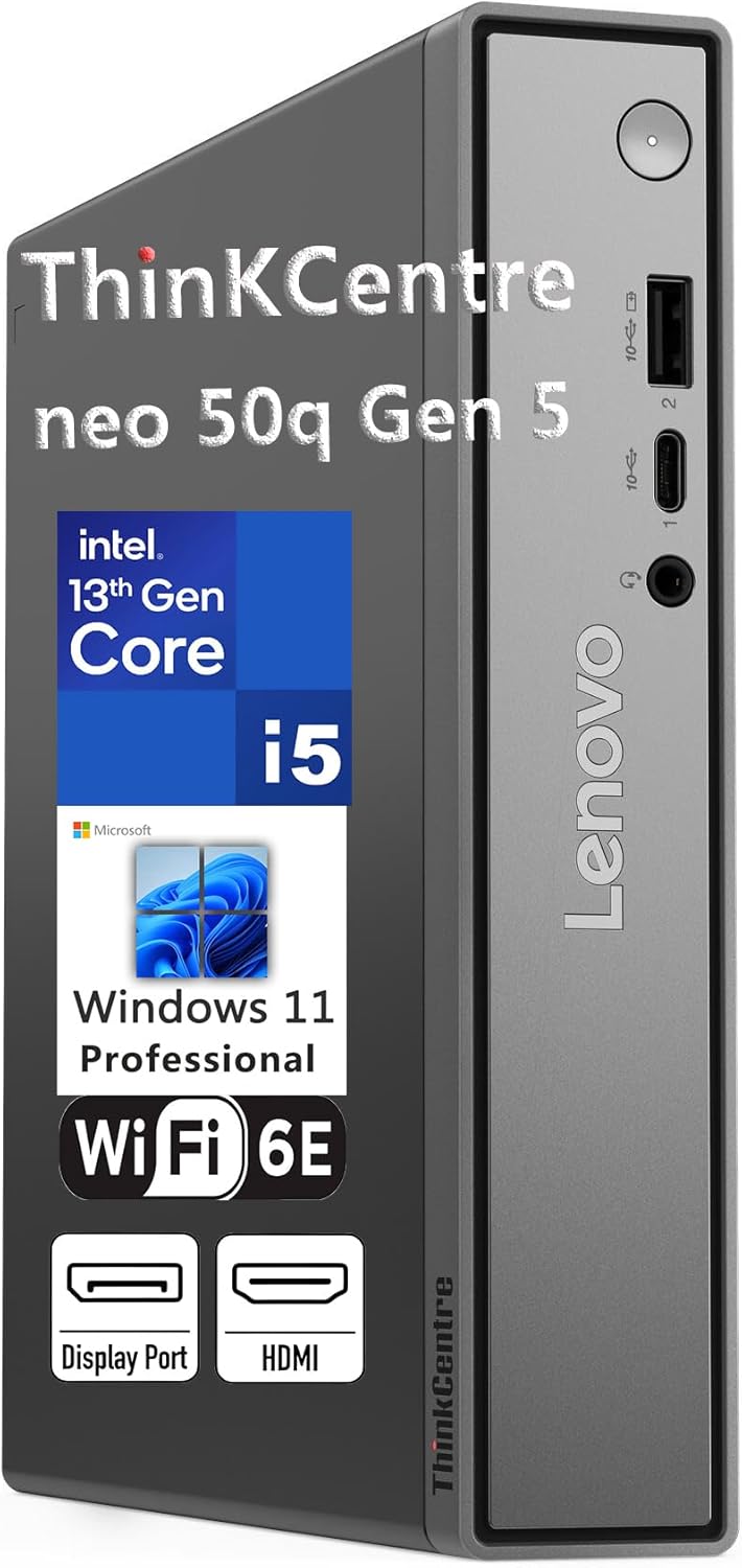 Lenovo ThinkCentre neo 50q Gen 5 Mini Desktop PC, Intel Core i5-13420H 8-Core, 8GB DDR5 RAM, 512GB SSD, WiFi 6E, Bluetooth 5.3, Dual Display, USB-C, Windows 11 Pro – Business Office Remote Work