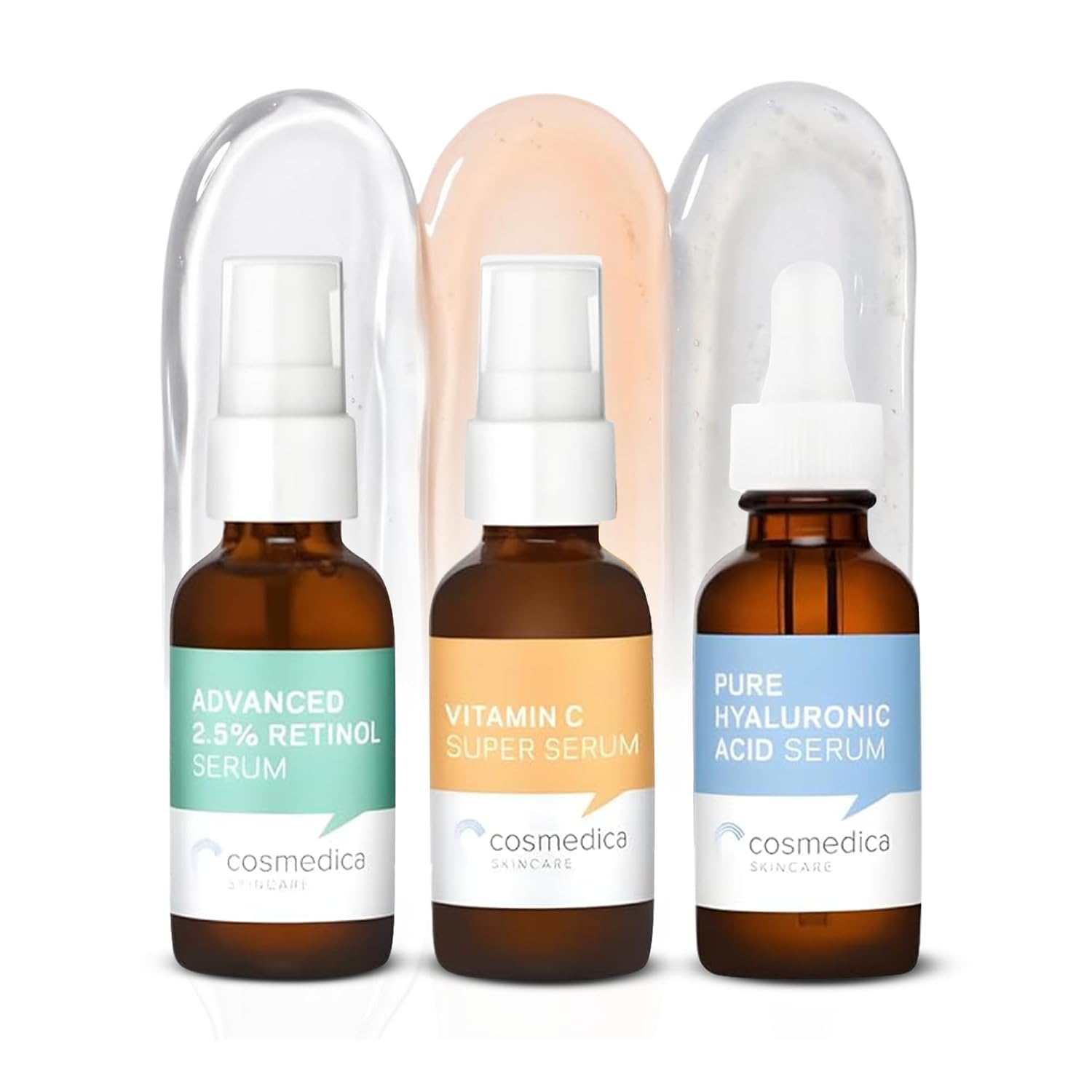 Cosmedica Skincare Face Serum Set – Vitamin C, 2.5% Retinol & Hyaluronic Acid Serums for Anti-Aging, Brightening, Hydration & Wrinkle Reduction, Vegan & Cruelty Free (3 x 1 oz)