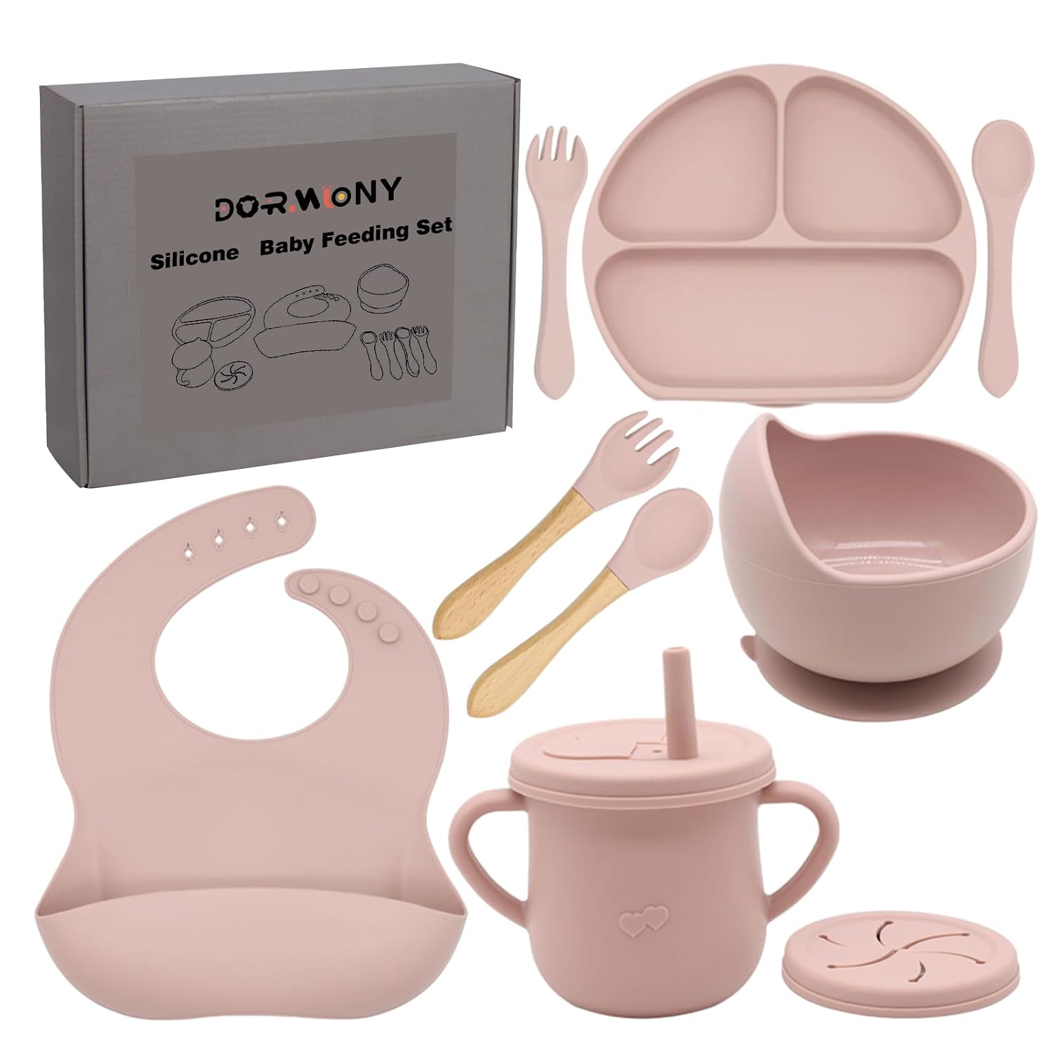 100% Silicone Baby Feeding Set,BPA Free Baby Dishes Set with Suction Bowl Divided Plate,Toddler Self Feeding Dish Set with Spoons Forks Sippy Cup and Bib, Baby Eating Utensils (Pink)