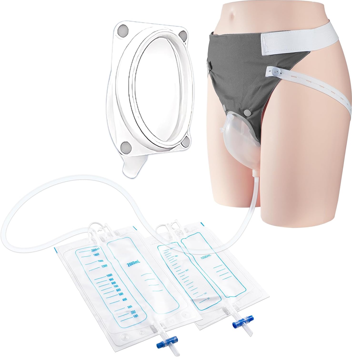 Wearable Urine Collector with Soft Silicone Cup, Adjustable Breathable Pants, Long Drainage Tube, 1000ml Day Bag and 2000ml Night Bag, External Catheter for Men for Elderly Male Grey
