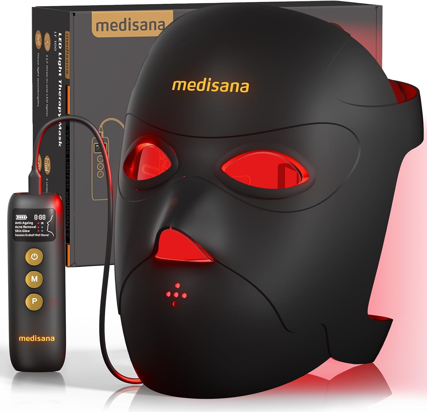 Medisana 3D Red Light Therapy for Face, 336 LEDs with 3 Modes – NIR 830nm, Red 630nm, Blue 415nm – 3D Ergonomic Silicone Design, Cordless & Rechargeable LED Face Mask, Skincare Gifts for Women