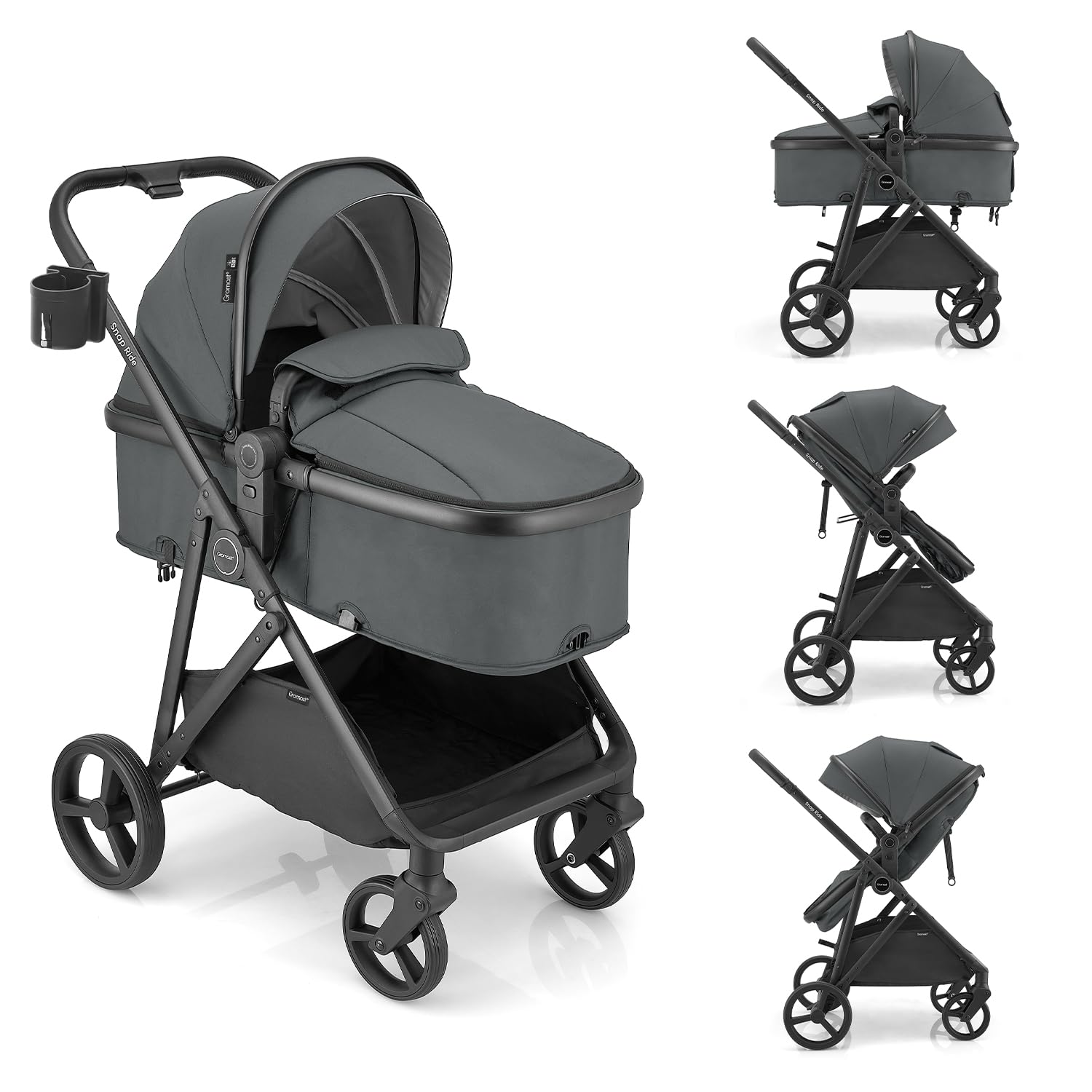Gromast 3-in-1 Baby Stroller, Convertible Stroller for Newborn Infant Toddler with Reversible Seat, UPF 50+ Canopy & Cup Holder – Gray