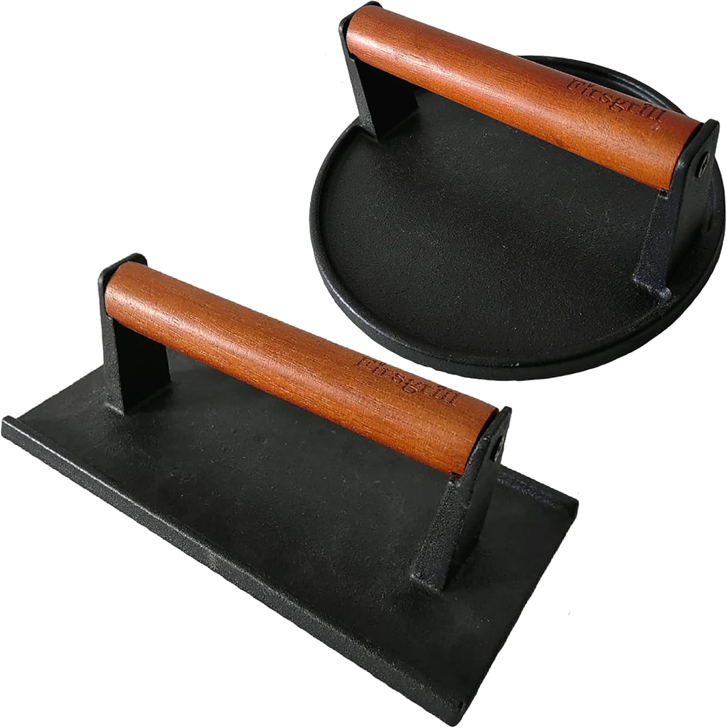Firsgrill Burger Press 7.08″ Round & 8.3”X4.3”Rectangle Heavy-Duty Cast Iron Smash Meat Steak with Wood Handle for Blackstone Camp Chef Pitboss Weber Treager Griddle (Round & Rectangle w Flat Bottom)