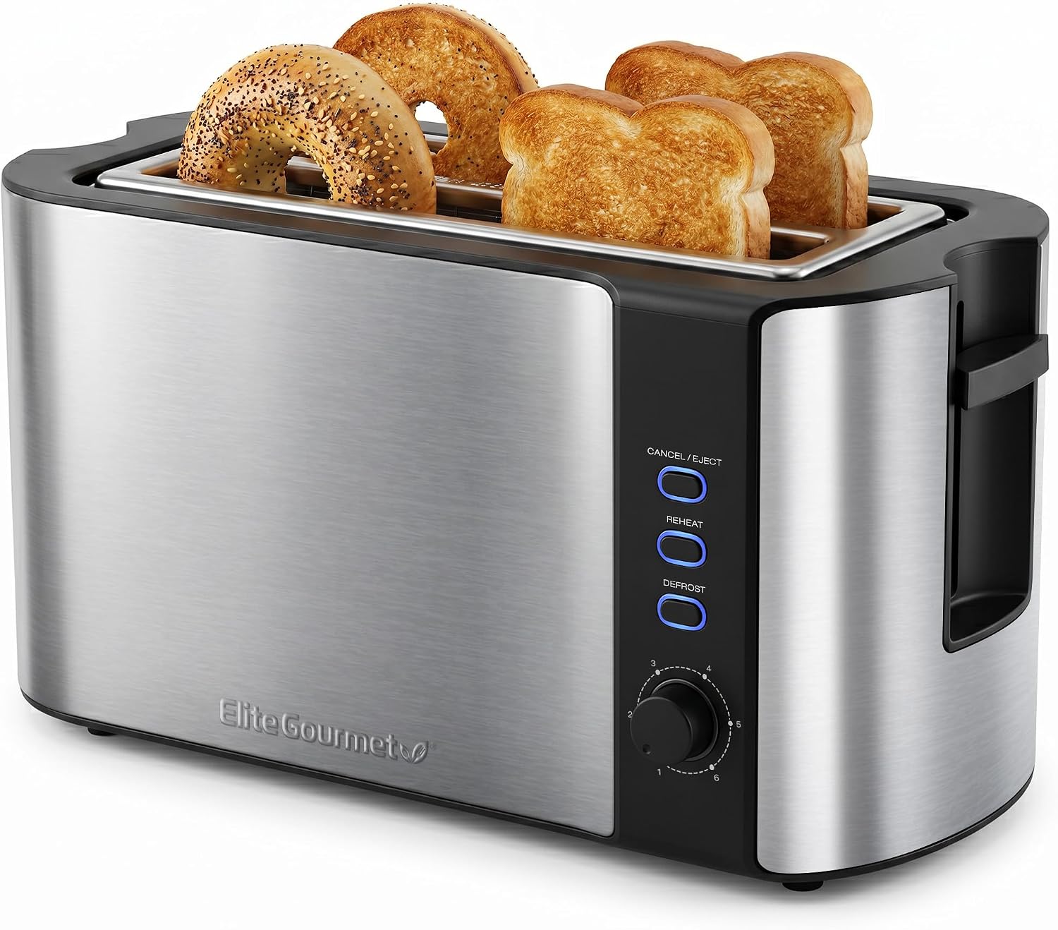 Elite Gourmet ECT-3100 4-Slice Long Slot Toaster | Extra Wide Slots for Bagels, Sourdough & Texas Toast | 6 Browning Settings | Reheat, Defrost & Cancel | Built-In Warming Rack | Stainless Steel
