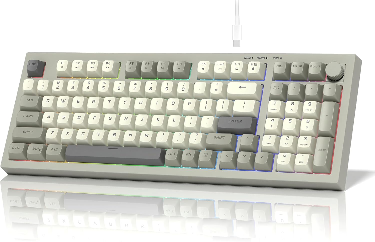 womier DK98 Retro Wired Gaming Keyboard Creamy Membrane with Rainbow RGB Backlight – Quiet,Volume Knob,PBT Keycap 97 Key ANSI Layout Compatible with Windows 10/8.1/8/7 (Grey)