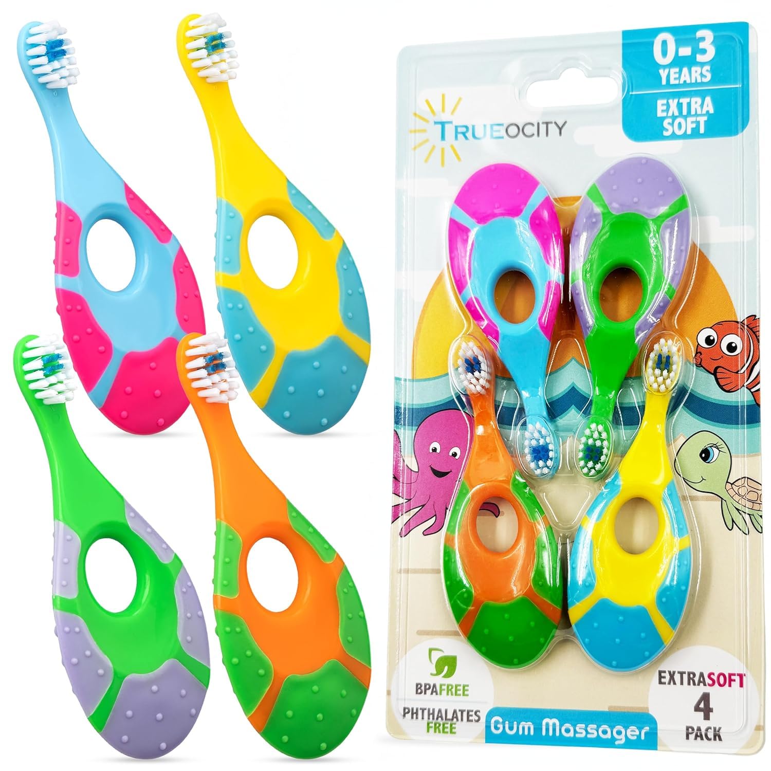 Baby Toothbrush 12 months and up – Toddler Toothbrush – Soft Bristles – Child Sized Brush Heads – infant toothbrush – Kids Tooth Brush – Easy Storage – Unisex Girl & Boy Set (4-Pack, Multi-Color)