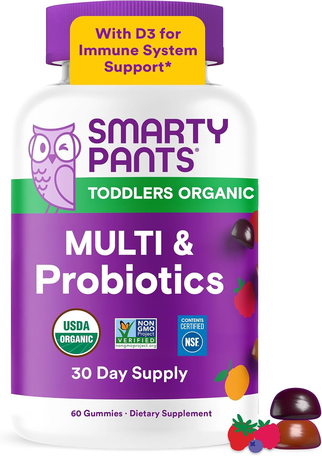 SmartyPants Organic Toddler Multivitamin Gummies: Probiotics, Omega 3 (ALA), Vitamin D3, C, Vitamin B12, B6, A, K & Zinc, Beta Carotene, Gluten Free, Three Fruit Flavors, 60 Count (30 Day Supply)