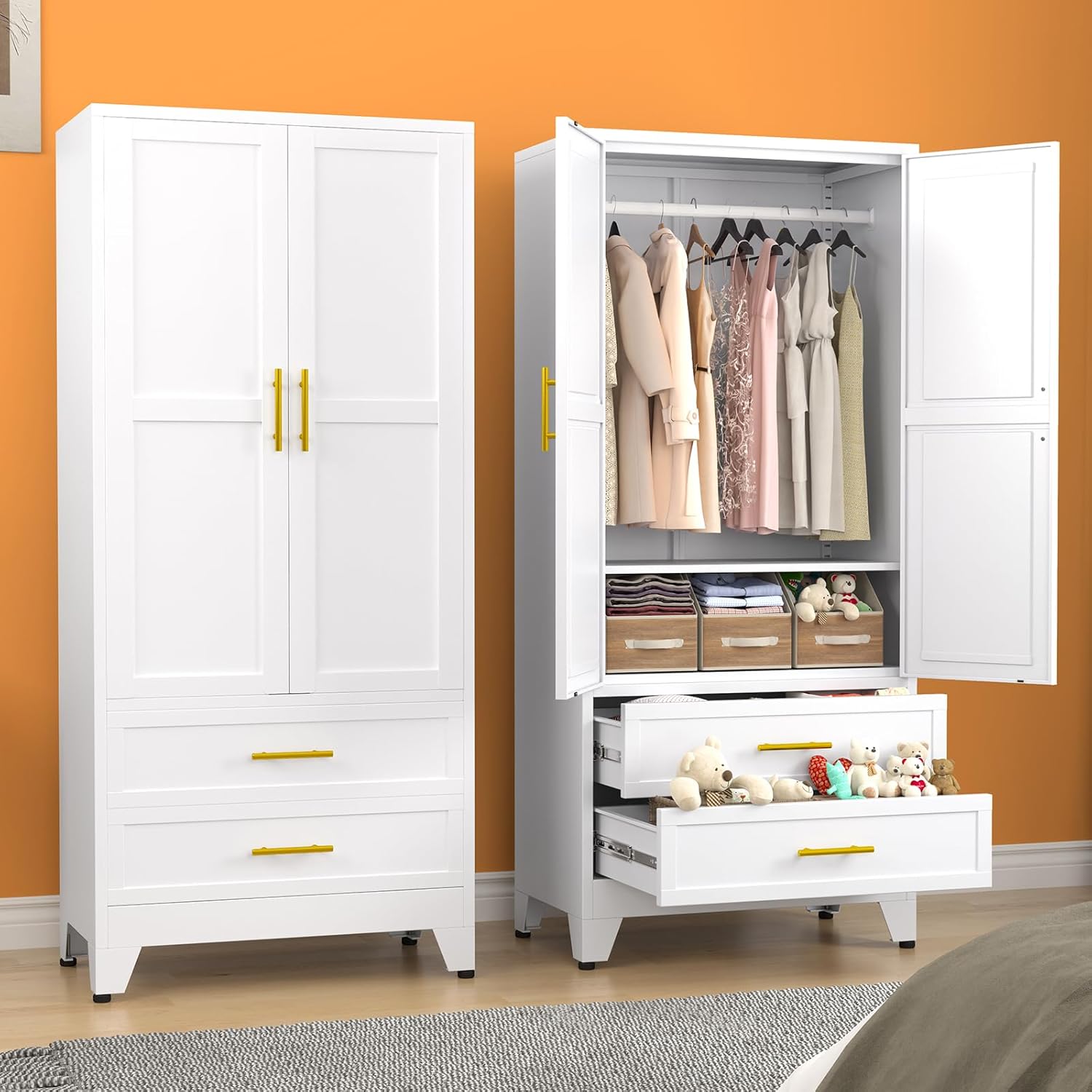 erosoei Metal Armoire Wardrobe Closet, 71 “Metal Clothing Storage Cabinet | with Adjustable Shelves and Hanging Rod, Household Steel Wardrobe Storage Cabinet with Drawers (armoire-white)