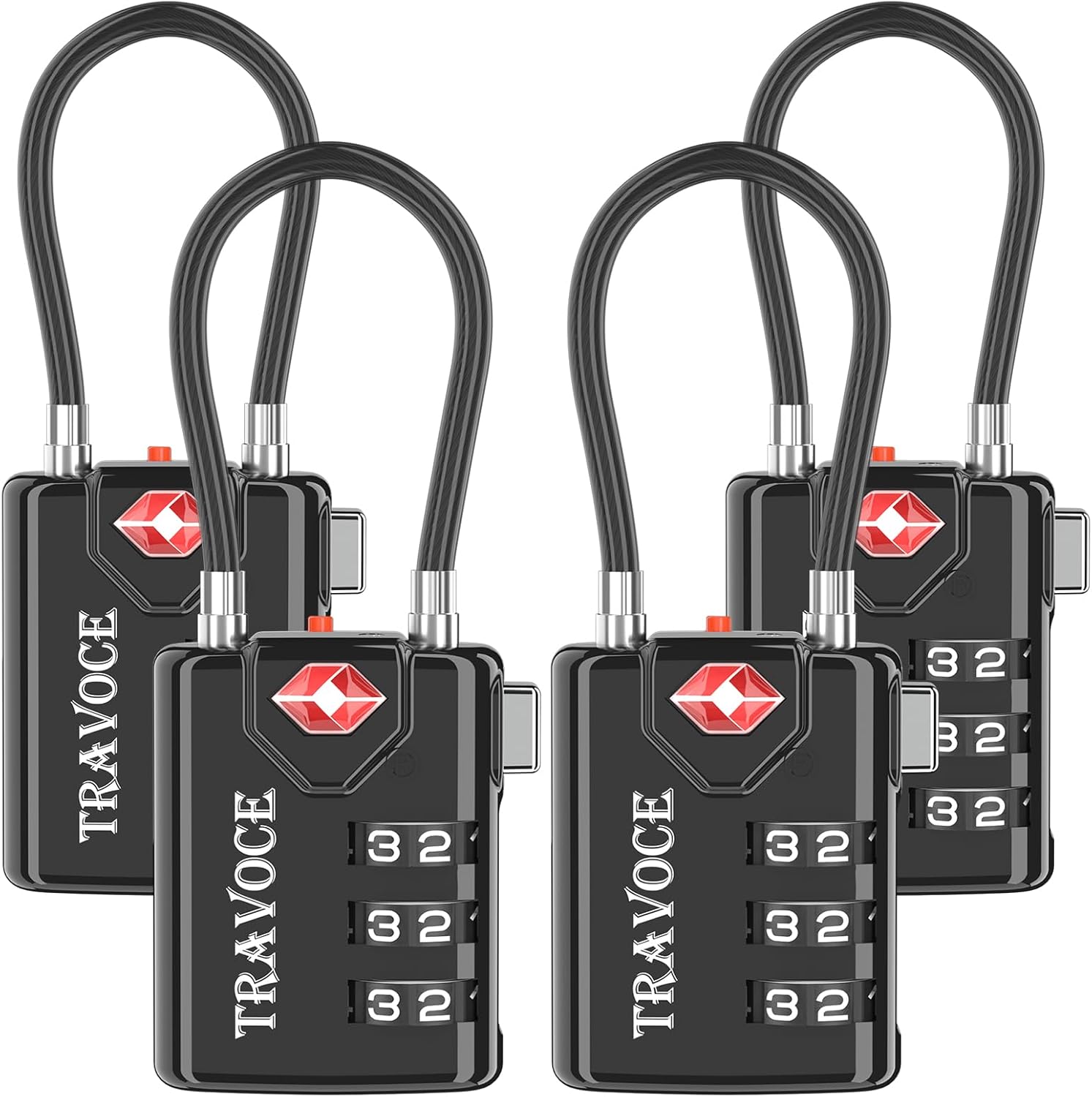 TRAVOCE TSA Approved Luggage Locks – Heavy Duty 3 Digit Combination Cable Lock, Search Alert for Suitcases, Backpacks, Golf Bags, Tents, Violin and Camera Cases, 4 Pack, Black