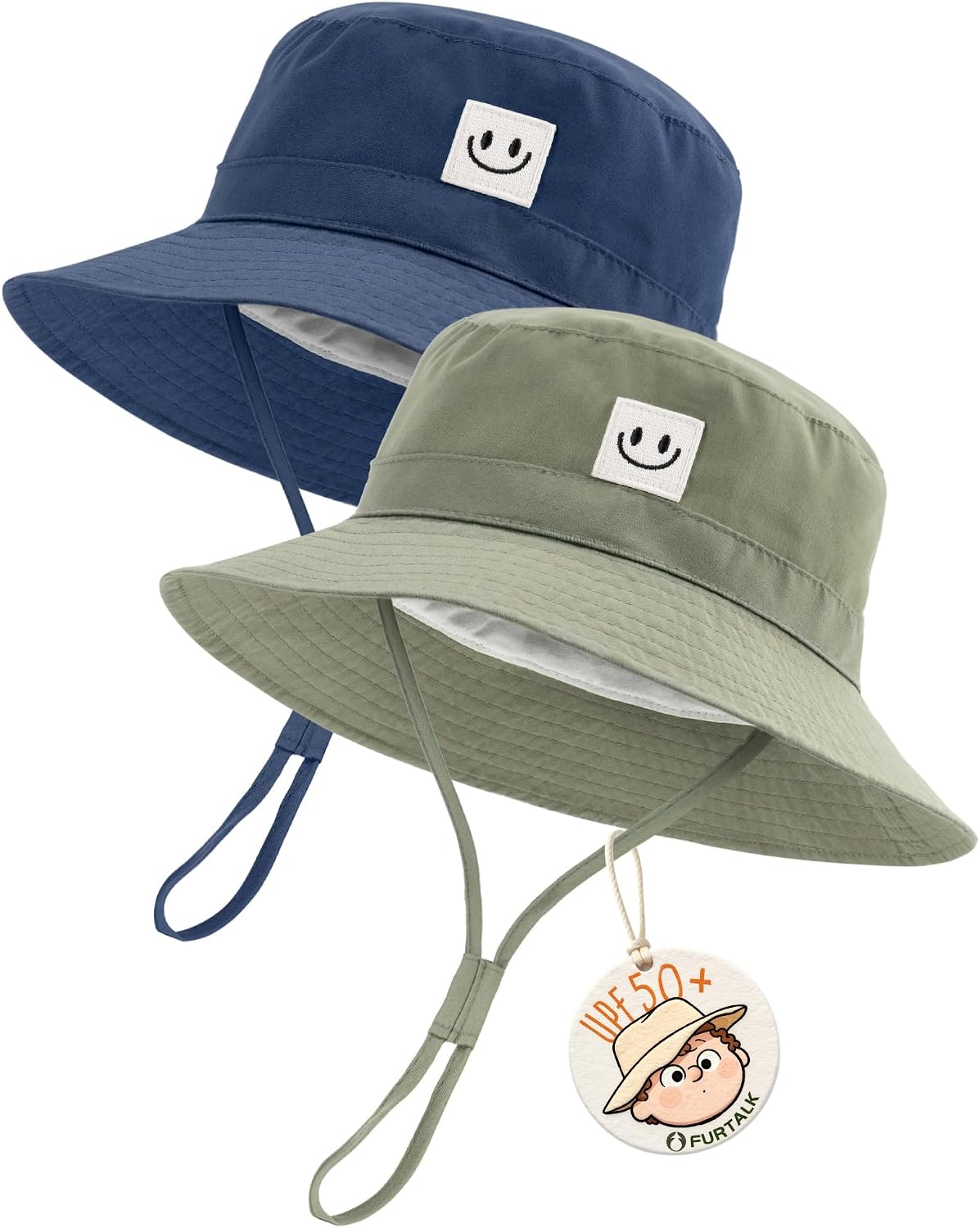 FURTALK Baby Sun Hat Smile Face Toddler Bucket Hat UPF 50+ Boys Girls 0-5Y | Breathable Polyester-cotton Baby Sun Hat, Adjustable Buckle, Chin Strap, Smile Face, For Beach, Park, Daycare, Trips