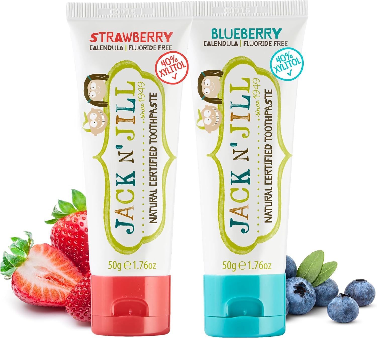 Jack N’ Jill Natural Kids Toothpaste – Blueberry & Strawberry – Organic, Gluten Free, Vegan, BPA Free, Fluoride Free, SLS Free, Dairy Free – Making Toothbrushing Fun for Kids – 1.76 oz (Pack of 2)
