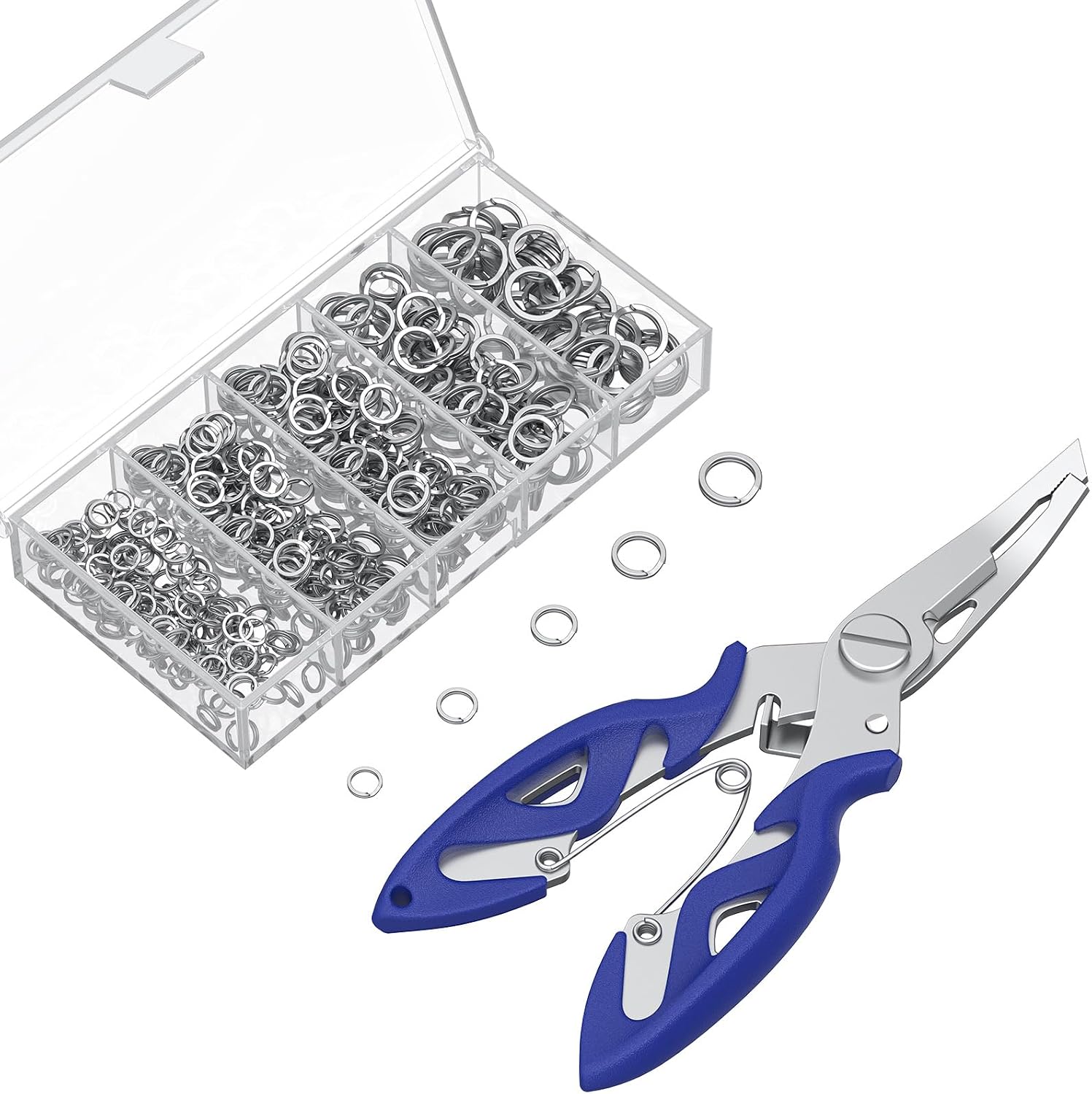 Pawfly 250 Pcs Split Rings and Split Ring Pliers, 5 Sizes Fishing Split Rings & Fishing Pliers Kit for Fishing, Fishing Lure Connectors, Stainless Steel Split Rings for Saltwater & Freshwater