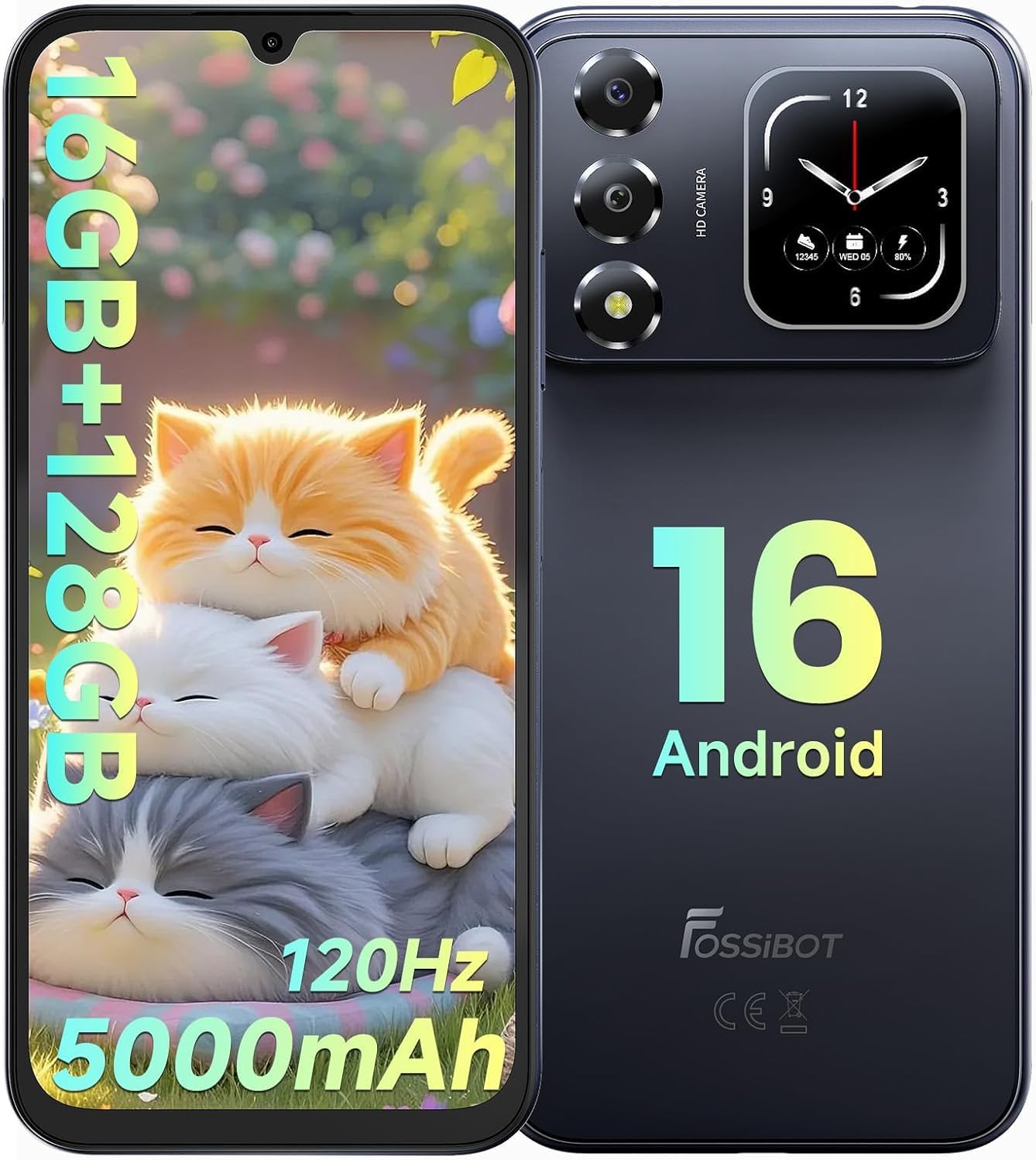 FOSSIBOT S7 Android 16 Unlocked Phones,16GB+128GB+2TB Phone (Black) | 6.9″ FHD+120Hz Dual-Screen CellPhones,5000mAh Battery, 4G Dual Sim(T-Mobile)