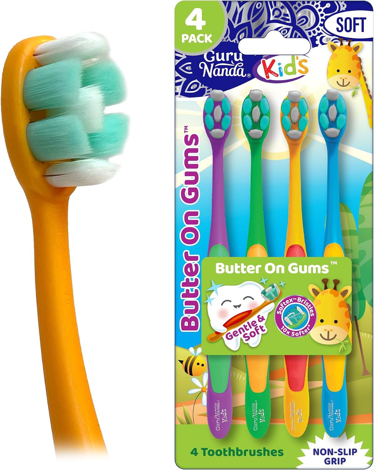 GuruNanda Butter On Gums Kids Toothbrush – 4 Pack Extra Soft Bristles Toothbrush for Kids, Multi-Colored & Fun to Use for Beginner Cleaning – Ergonomic Grip Handle – BPA & Cruelty-Free (Age 3+)