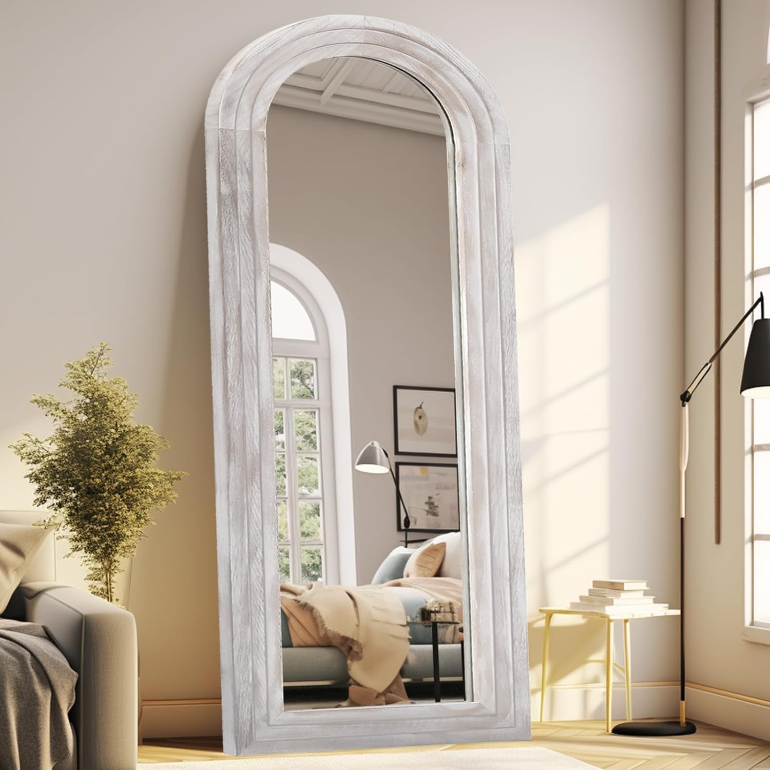 ZHUNFA Arched Full Length Mirror with Solid Wood Frame | 65×22 Farmhouse Wall Mirror Full Length with Stand, Vertical Hanging, Leaning Standing for Bedroom,Living Room, Rustic White