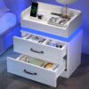 4ever2buy White Nightstand with Charging Station and LED Lights Modern Bedside Table with 2 Drawers End Table for Bedroom
