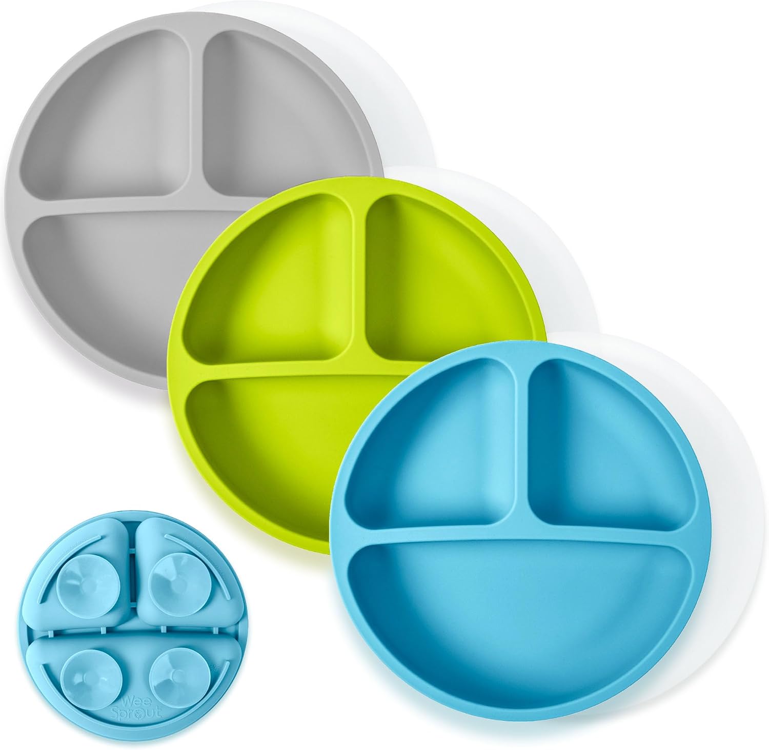 WeeSprout Suction Plates with Lids for Babies & Toddlers – 100% Silicone, Dinnerware Stays Put, Divided Design for Picky Eaters, Microwave & Dishwasher Friendly, 3 Pack
