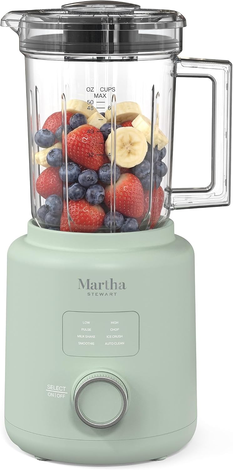 Martha Stewart 50oz Countertop Blender, Smoothie, Margarita & Ice Crushing Blender, BPA-Free Pitcher, 3 Speeds, 5 Presets, Auto-Clean Function, Dishwasher Safe, Stainless Steel Blades, Honeydew Green