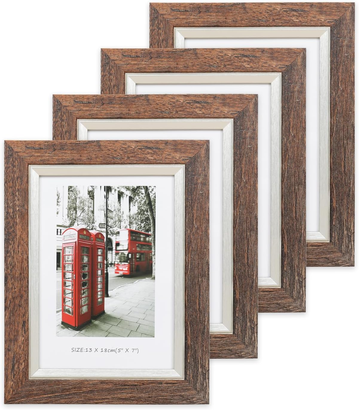 ZPAN Rustic Two-Tone 5×7 Picture Frames Set of 4, Distressed Barn Wood Picture Frame with Silver Inner Trim, Display 5×7 Pictures Tabletop & Wall Mount with Real Tempered Glass(Barn Wood with Silver Trim)