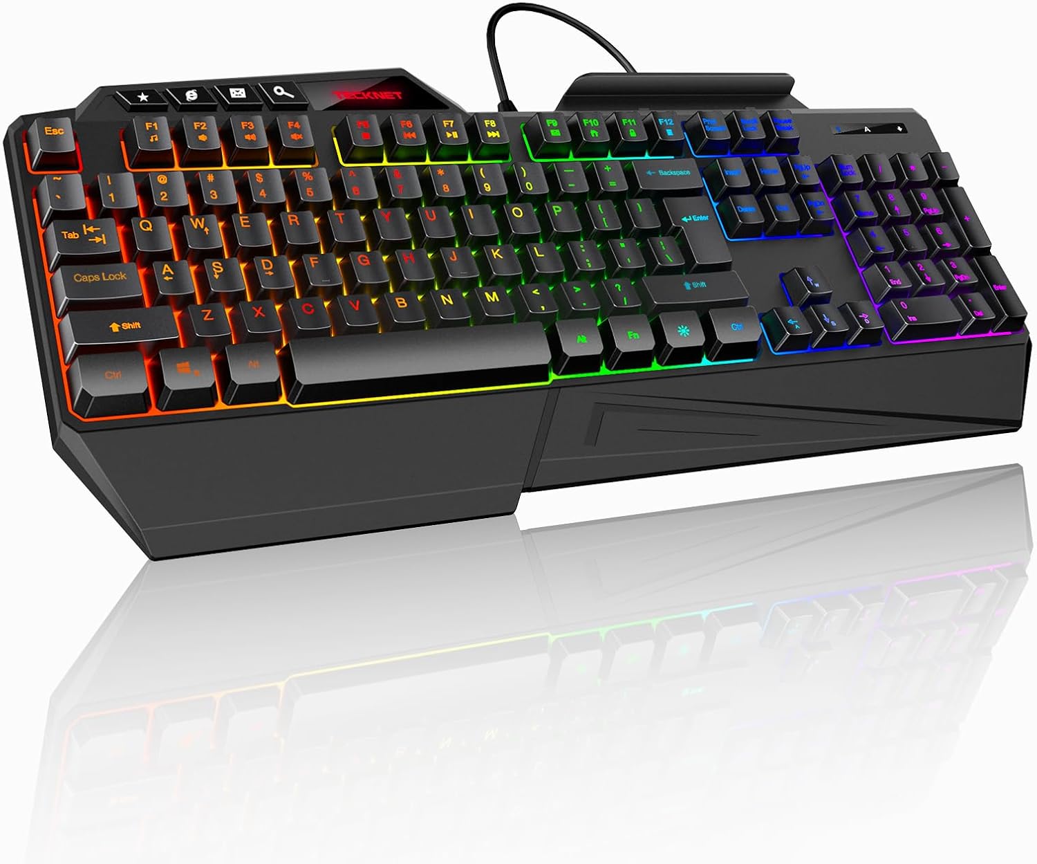 TECKNET Wired RGB Gaming Keyboard – 26-Key Anti-Ghosting, 13 Lighting Modes, Spill-Resistant, 108 Membrane Keys, Plug & Play – with Ergonomic Wrist Rest & Phone Holder for Windows/Mac (Black)