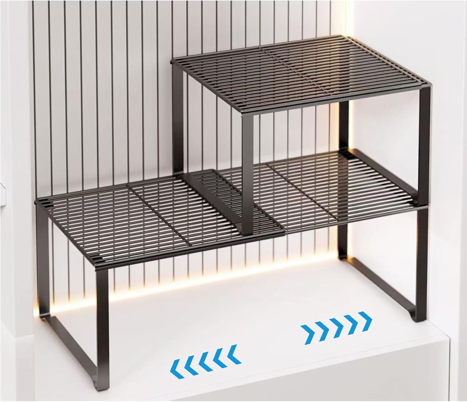 Extendable Metal Wire Shelf Organizer – Adjustable 15-24.4in Length, Stackable Storage Rack for Kitchen/Pantry/Bathroom/Shoe Cabinet/Tool Closet (2,Black)