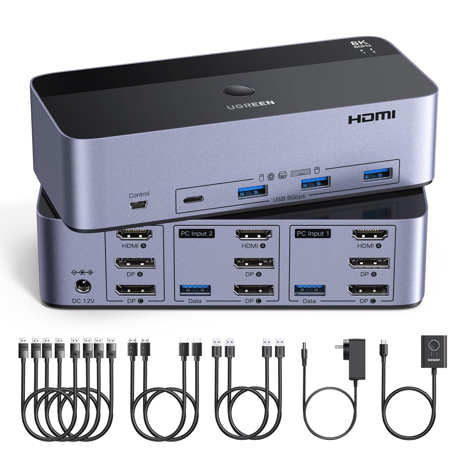 UGREEN 8K@60Hz HDMI Displayport KVM Switch 3 Monitors 2 Computers, Aluminum 4K@240Hz with 4 USB 3.0 Ports for 2 Computers Share Triple Monitors with 4 DP+2 HDMI+2 USB Cables/Power Adapter/Controller